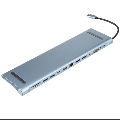 12 合 1 Type-C 擴充塢，適用於 1 x USB-C PD / 1 x VGA / 1 x 3.5mm 音訊 / 2 x HDMI 4K@30Hz / 1 x RJ45 / 1 x USB 3.0