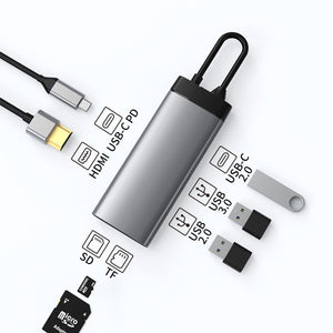 7 In 1 Grey USB-C Hub For 1 x USB-C PD / 1 x 4K HDMI / 1 x USB 2.0 / 1 x USB 3.0 / 1 x USB-C Data 2.0 / 1 x SD / 1 x TF