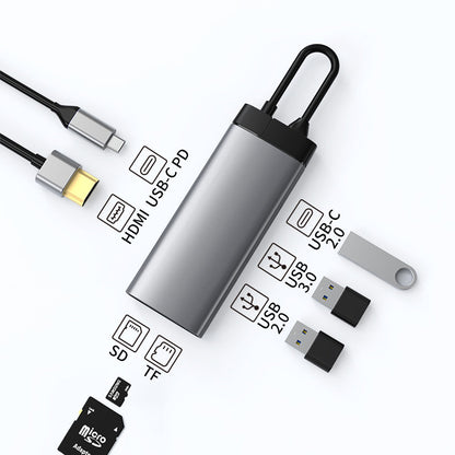 七合一灰色 USB-C 集線器，適用於 1 x USB-C PD / 1 x 4K HDMI / 1 x USB 2.0 / 1 x USB 3.0 / 1 x USB-C Data 2.0 / 1 x SD / 1 x TF