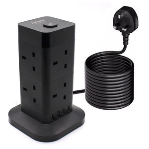 2 Meter Extension Lead with USB Slot Electric 4 Socket Power Cube Black - 2 USB-A Ports, 1 Type C Port, 8 UK Sockets