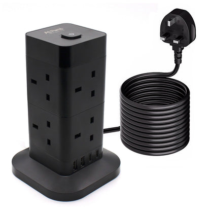 2 Meter Extension Lead with USB Slot Electric 4 Socket Power Cube Black - 2 USB-A Ports, 1 Type C Port, 8 UK Sockets