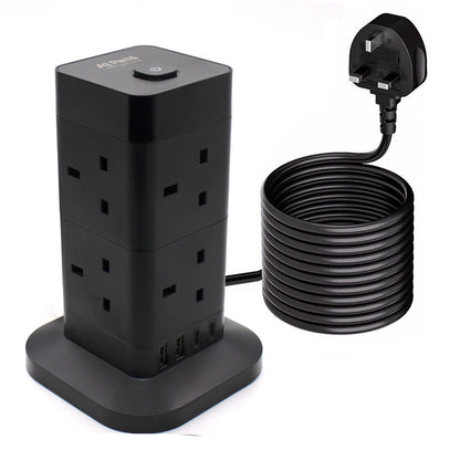 Tower Extension Lead Black 8 UK Sockets 2 USB-A 2 USB-C Ports Extension Cable 2M