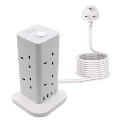 Tower Extension Lead with 4 USB Slots - 8 Way Surge Protected Socket (3M Cable)